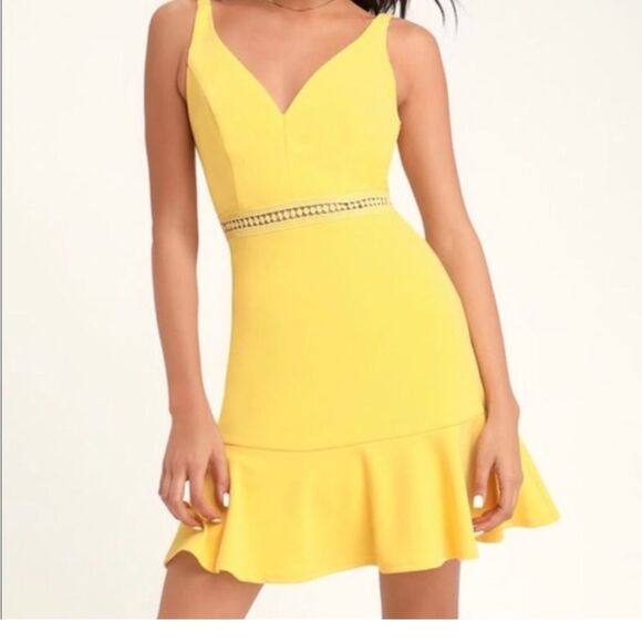 Lulus Yellow Fit and Flare Dress with Crochet Waist Size Large - Picture 1 of 9